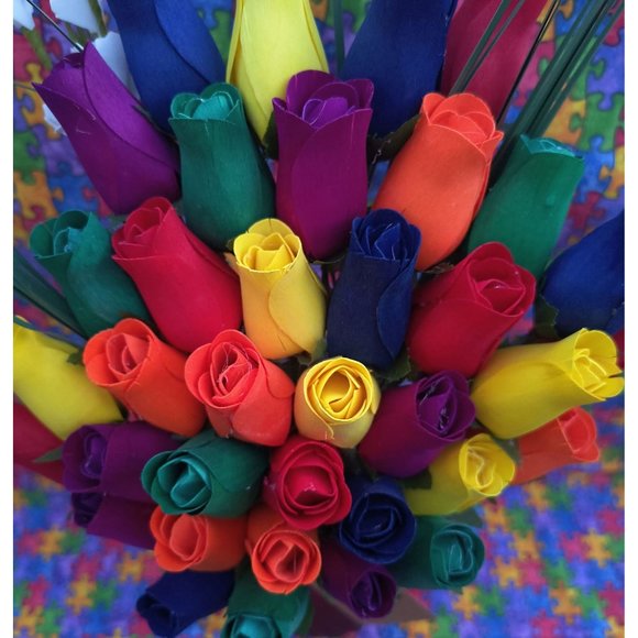 3 Doz Autism Aware Rainbow Wooden Roses Flower Bouquet. The Original Wooden Rose - Picture 4 of 8